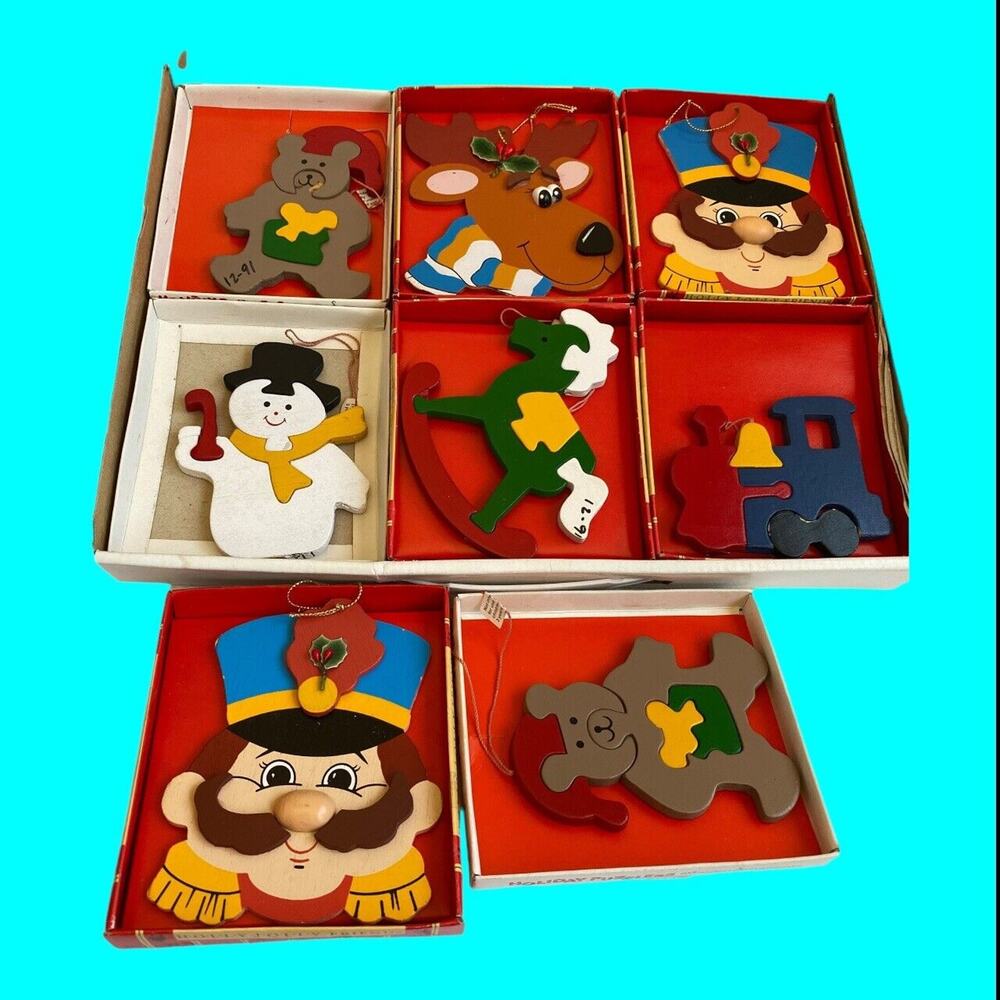8 Holiday Puzzlers Wooden Ornaments Horse Snowman Bear Deer Toy Soldiers Train